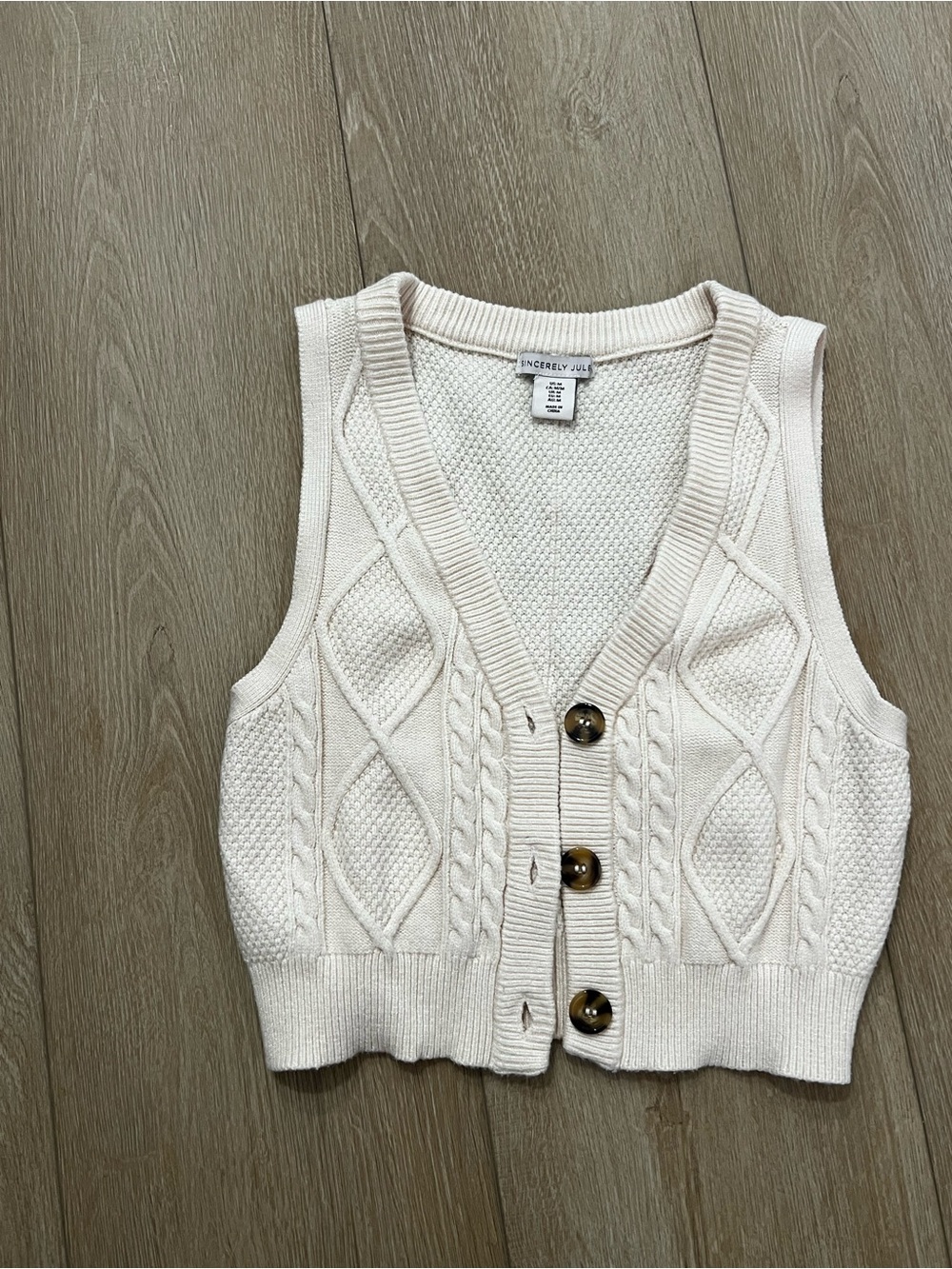 Sincerly Jules Cream Cable Knit Button-Front Sweater Vest
